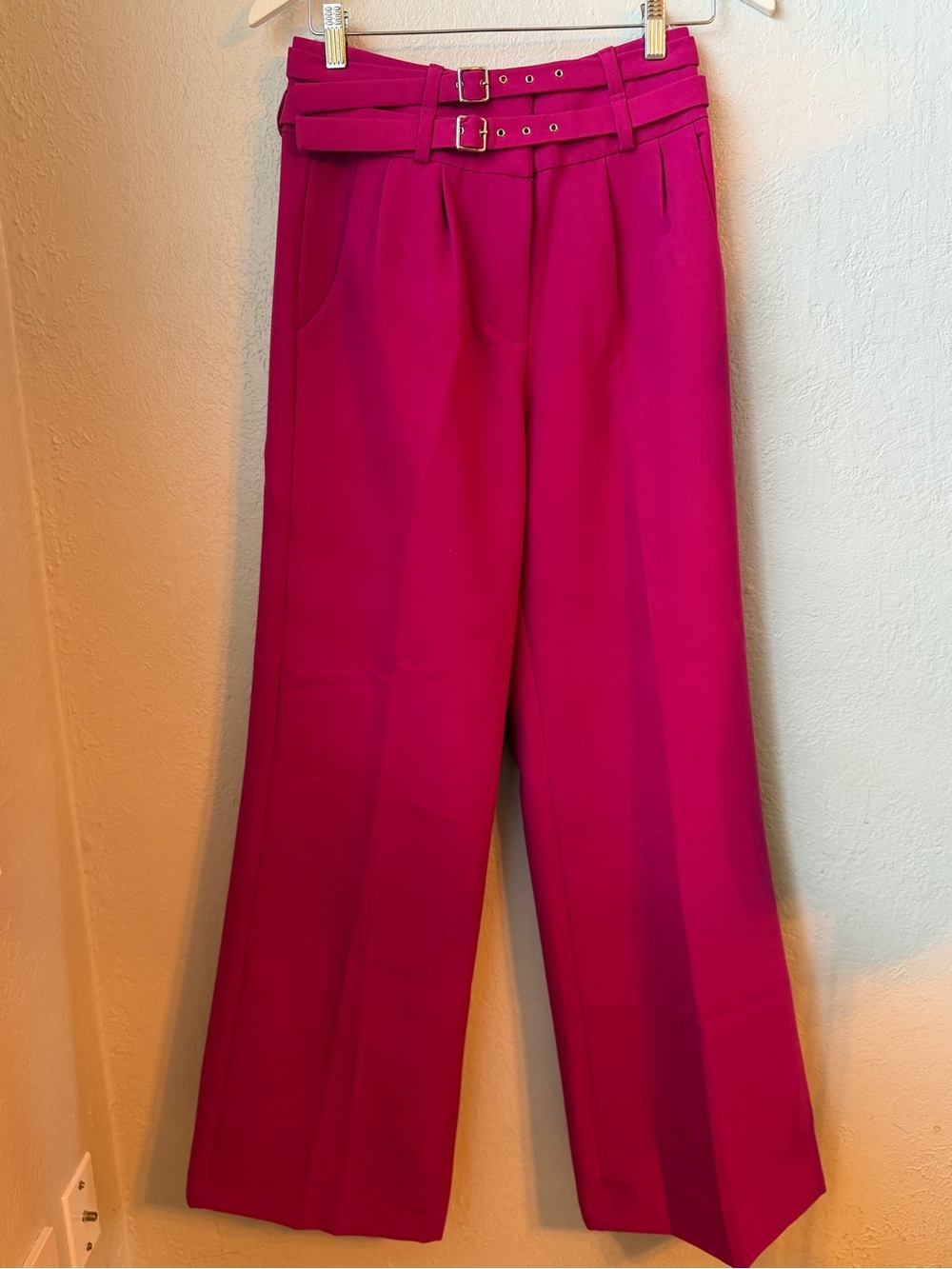 142~ Amanda Richard’s High Waist Wide Leg Pants with Double Belt — Fuchsia Small